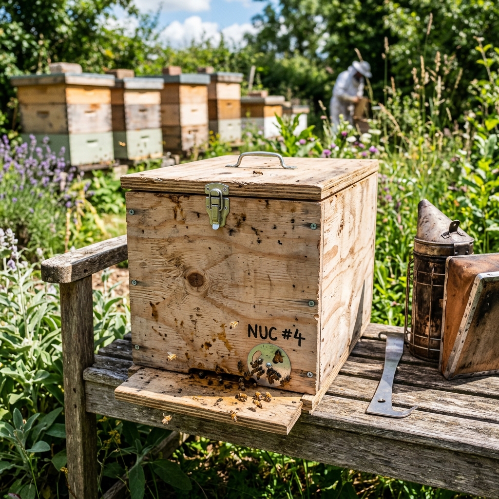 Wooden hive boxes sitting in a summer wildflower meadow